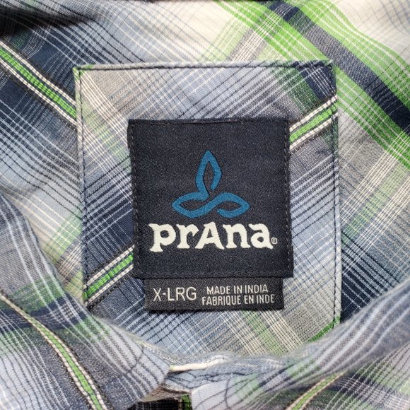 Prana Shirt Men XL Blue Green Madras Plaid Silver Snap Casual Button Up Western - Picture 2 of 15